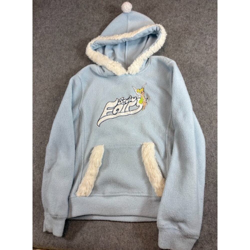 VTG Disney Tinkerbell Snow Fairy Fleece Hoodie Womens L Blue Fur Trim 90s Y2K
